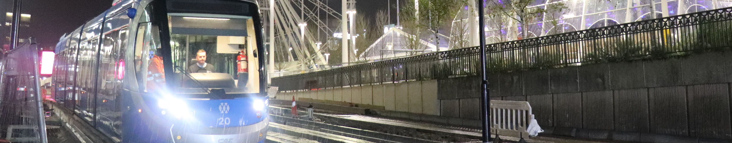 Tram on the track at night