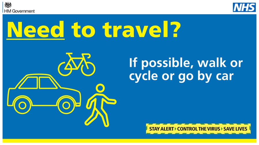 Need to travel? If possible, walk or cycle or go by car - Stay alert, control the virus, save lives - illustrations of car, bike and person walking