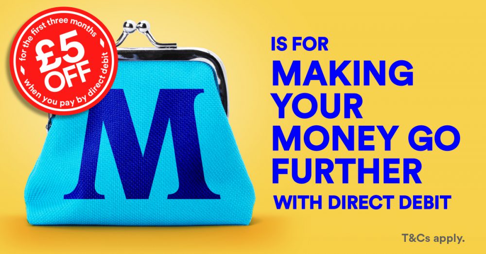 M is for making your money go further with direct debit - £5 off voucer - Purse with M on