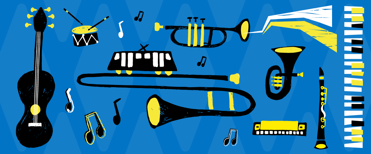 Jazz campaign illustration - illustrated musical instruments on a blue background